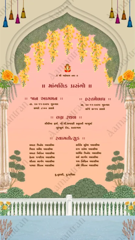 peach-floral-wedding-invitation-card-with-hanging-flowers-and-indian-motif