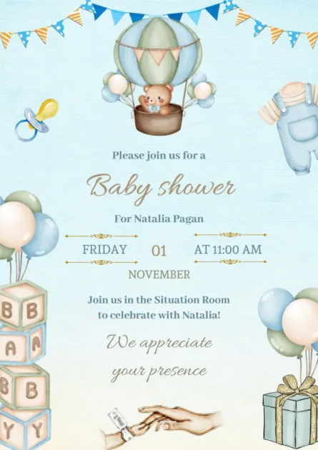 baby shower invitation card with teddy hot air balloon theme