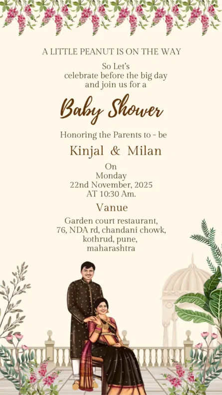 Elegant floral baby shower invitation card with couple illustration and soft pastel design