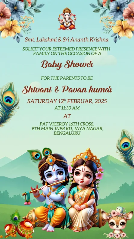 krishna theme baby shower invitation card with traditional indian design