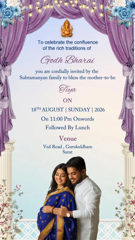 Godh Bharai invitation card with purple drapes and fairy lights baby shower theme