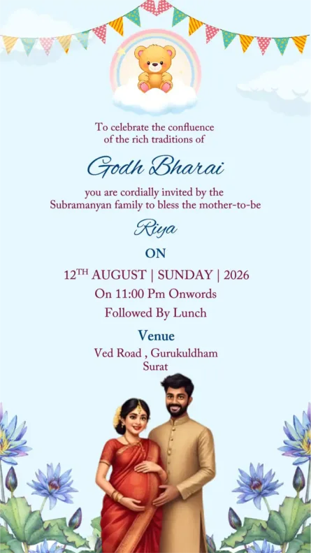 Sky blue Godh Bharai invitation card with teddy bear and rainbow baby shower theme