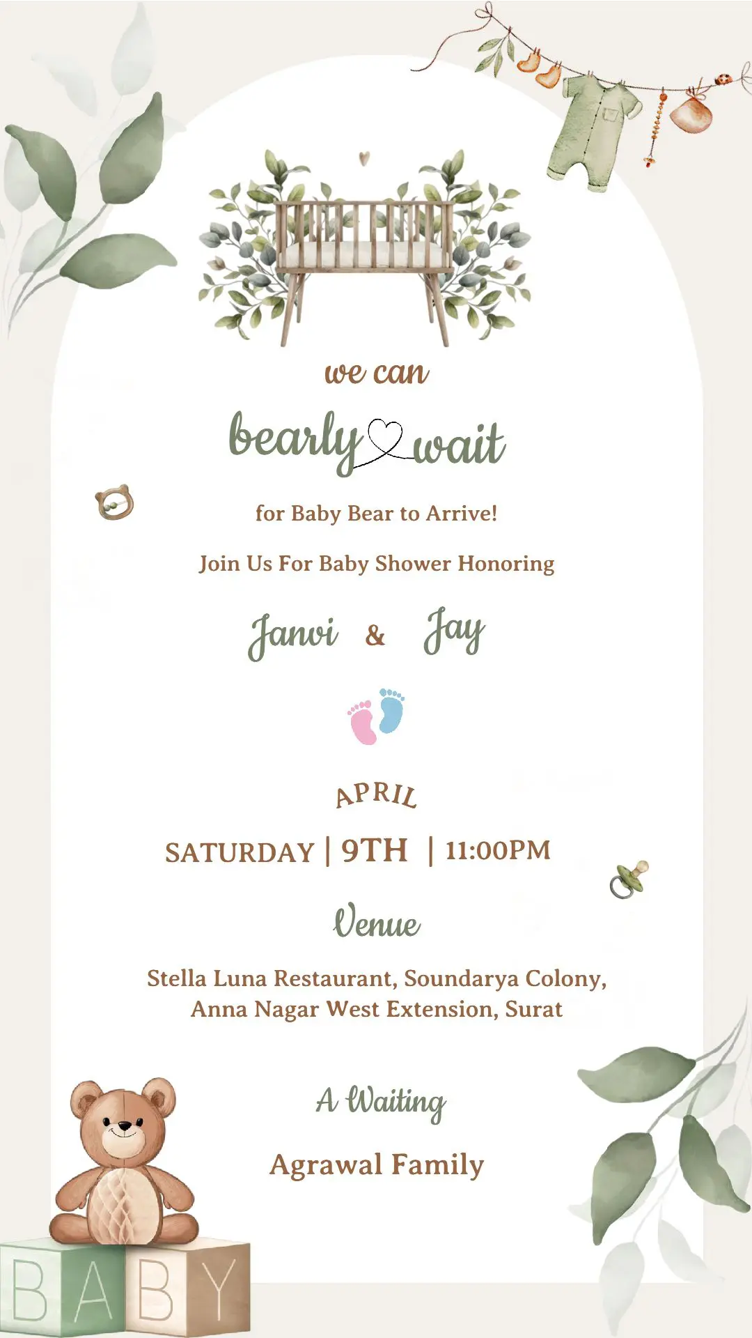 bear-theme-baby-shower-invitation-card-design bear baby shower invitation teddy theme neutral greenery card design