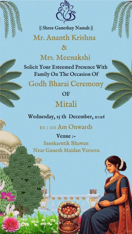 Blue Godh Bharai invitation card with floral and traditional Indian baby shower design