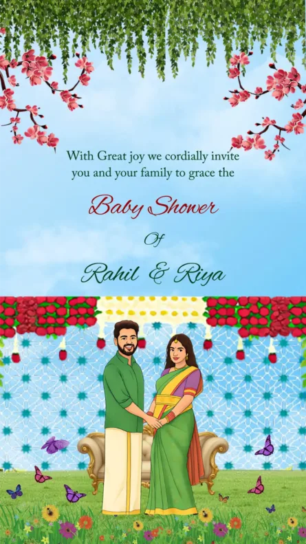 baby shower invitation card design with floral decorations and elegant Indian theme
