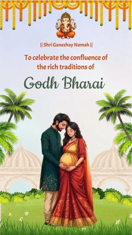 traditional godh bharai invitation with ganesha artwork and indian baby shower couple illustration