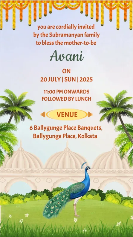 traditional godh bharai invitation with ganesha artwork and indian baby shower couple illustration