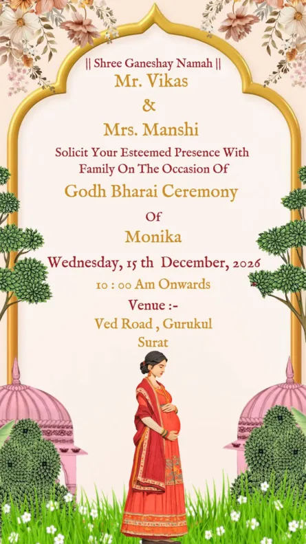 Golden Arch Godh Bharai invitation card with floral traditional Indian baby shower design