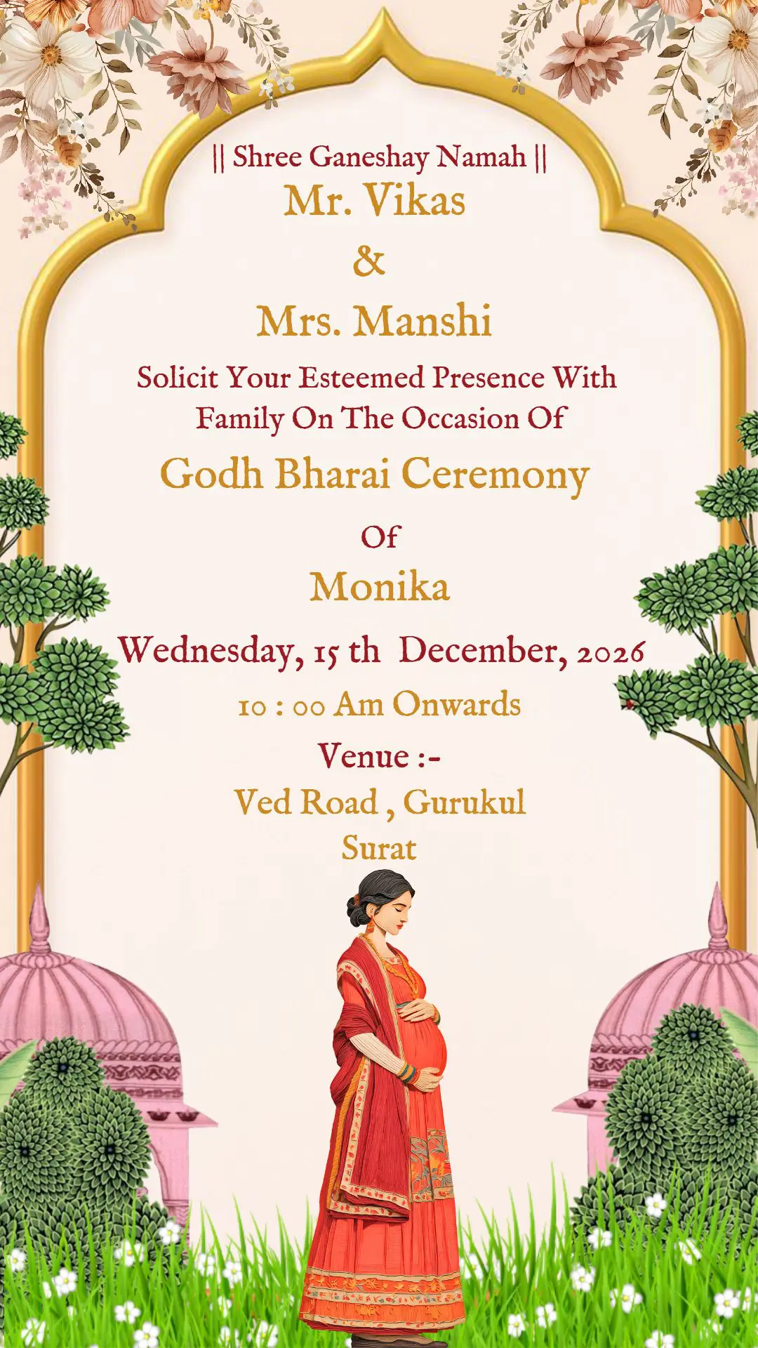 golden-arch-godh-bharai-invitation-card-with-floral-theme Golden Arch Godh Bharai invitation card with floral traditional Indian baby shower design