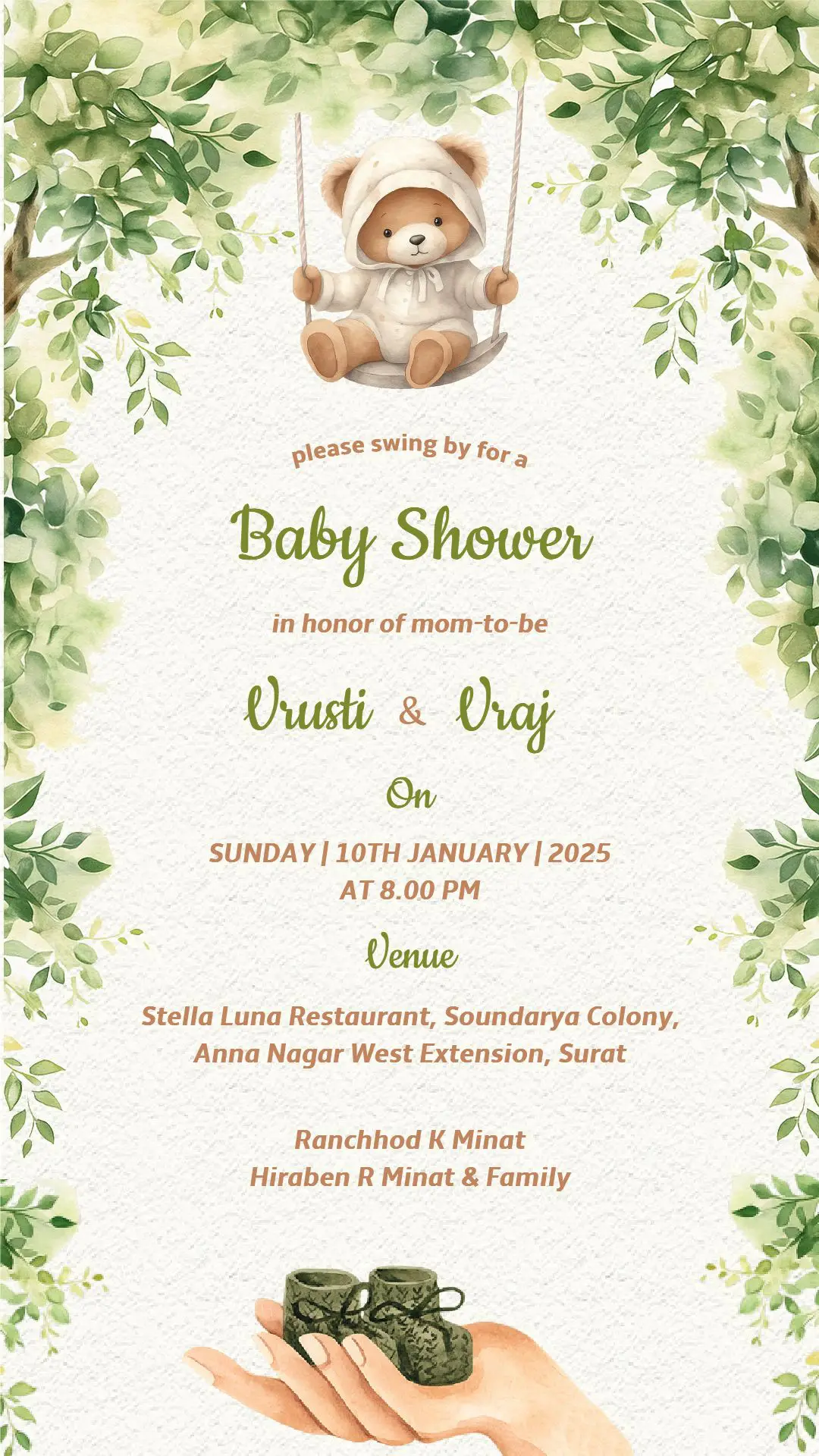 greenery-teddy-baby-shower-invitation-card-design greenery baby shower invitation teddy bear swing watercolor leaves card