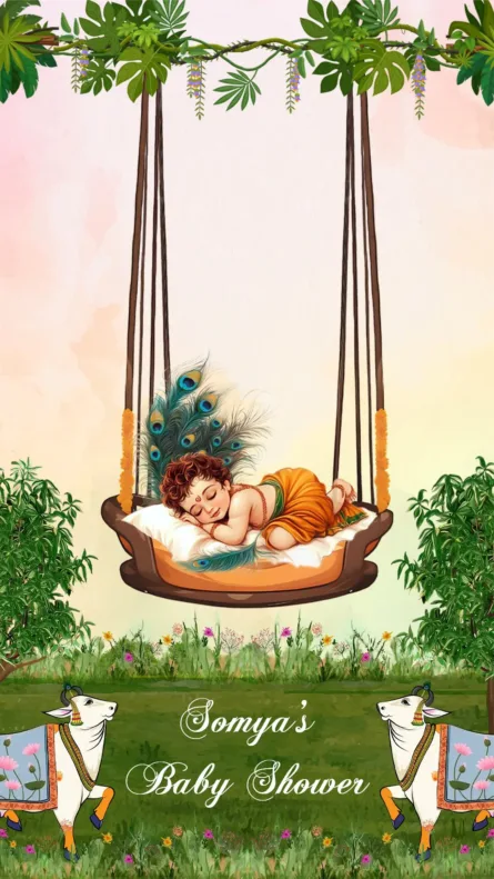 krishna swing baby shower invitation with bal krishna jhula and peacock artwork