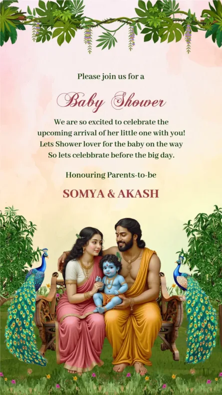 krishna swing baby shower invitation with bal krishna jhula and peacock artwork