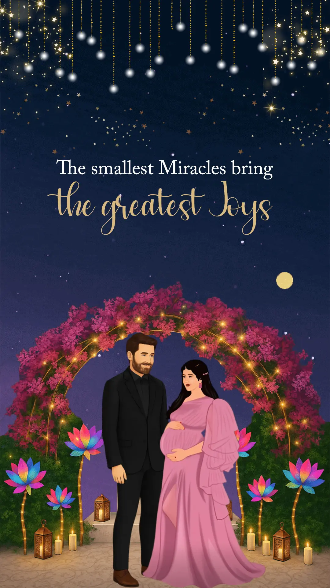 night-sky-floral-arch-baby-shower-invitation-card-design-1 night sky baby shower invitation with floral arch and twinkle lights evening theme