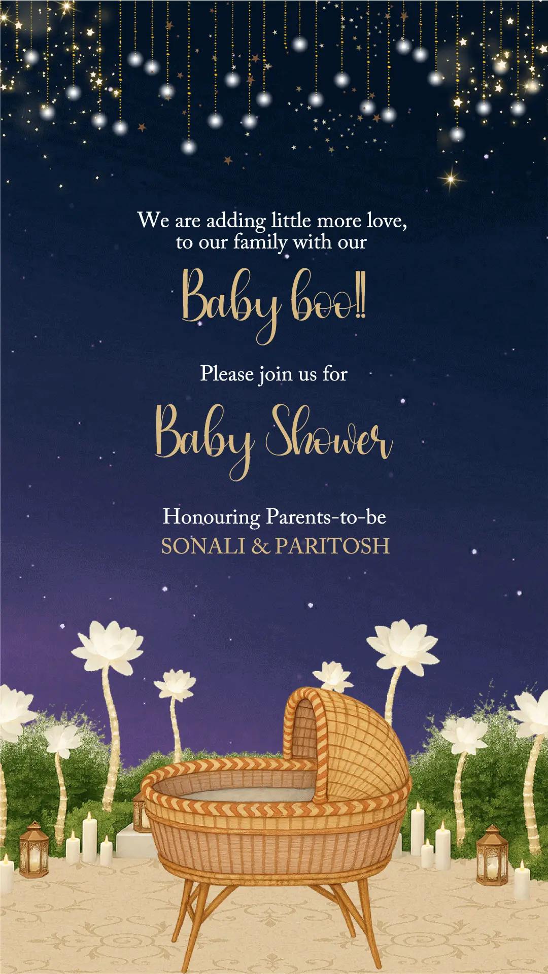 night-sky-floral-arch-baby-shower-invitation-card-design-2 night sky baby shower invitation with floral arch and twinkle lights evening theme