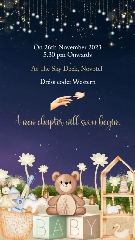 night sky baby shower invitation with floral arch and twinkle lights evening theme