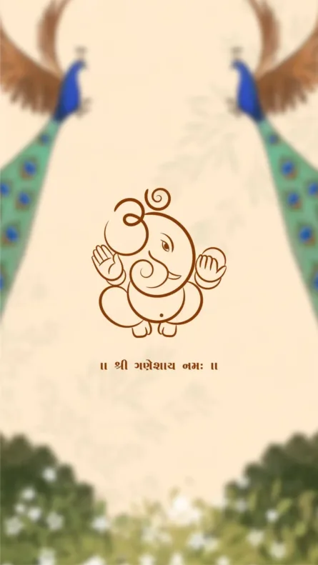 Peacock Ganesha Seemant invitation with Om symbol and newborn illustration Gujarati baby shower card