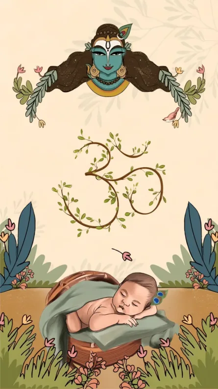 Peacock Ganesha Seemant invitation with Om symbol and newborn illustration Gujarati baby shower card