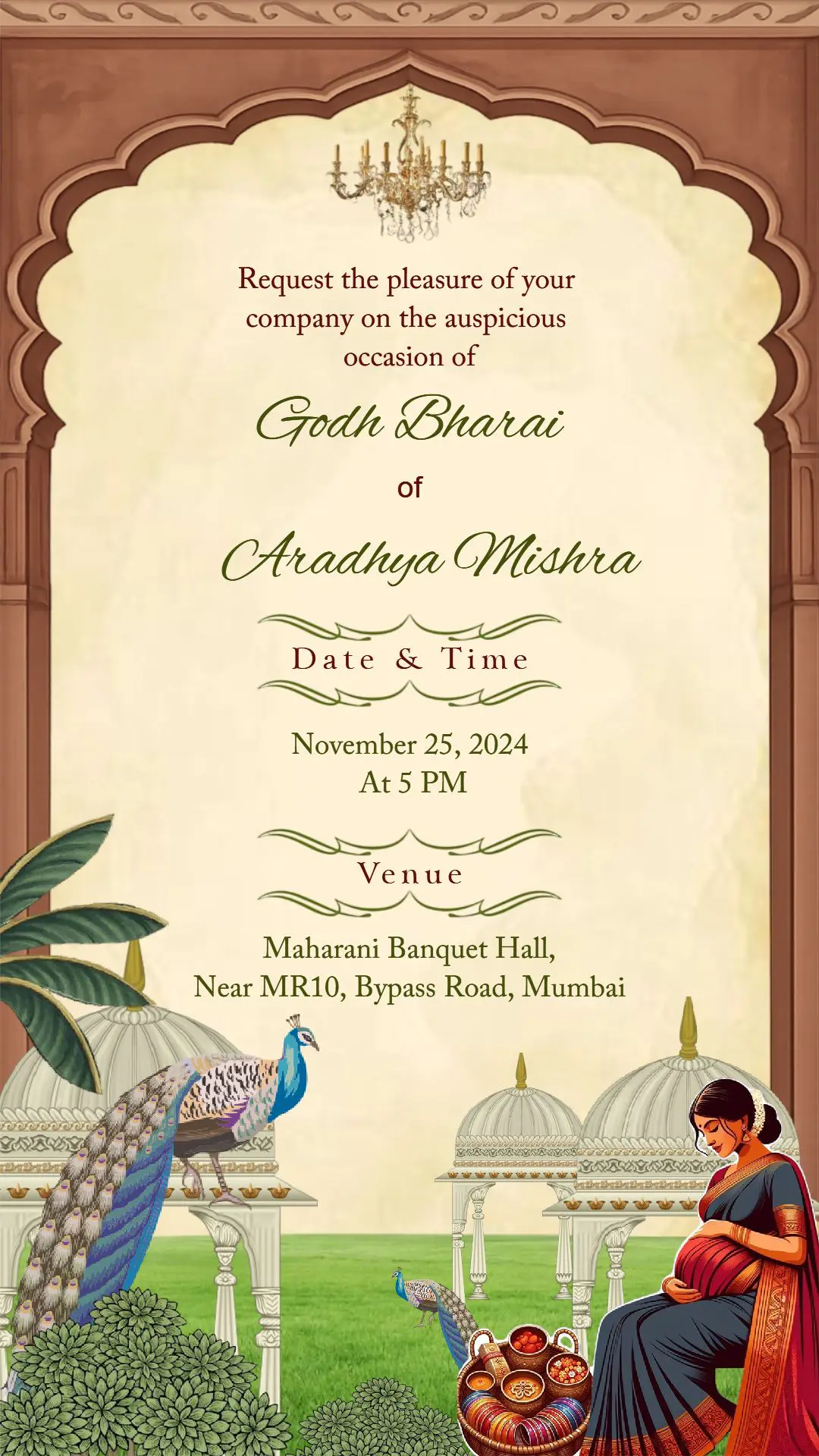 royal-arch-godh-bharai-invitation-card-with-peacock-theme Royal Godh Bharai invitation card with peacock and traditional palace arch design