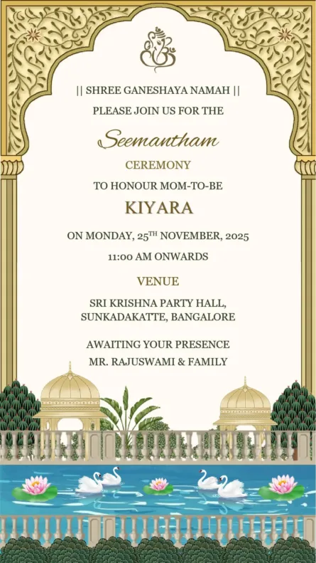 royal seemantham invitation golden arch temple theme baby shower card