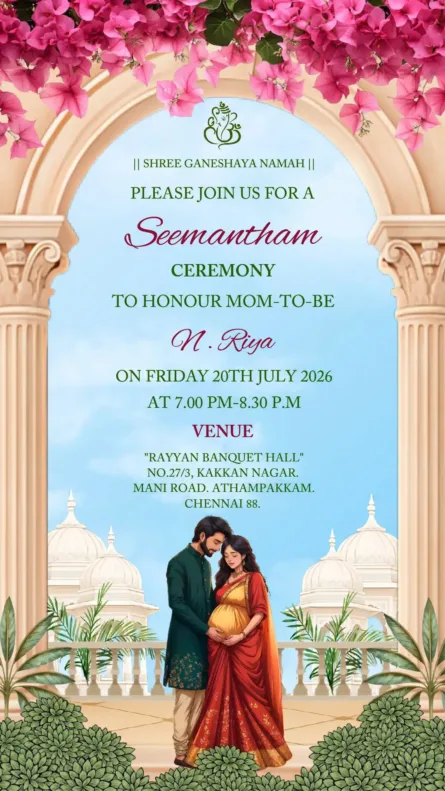 Seemantham ceremony invitation floral arch Indian baby shower card