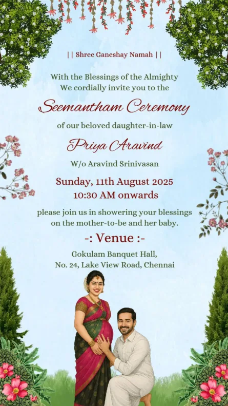 Seemantham ceremony invitation floral South Indian baby shower card