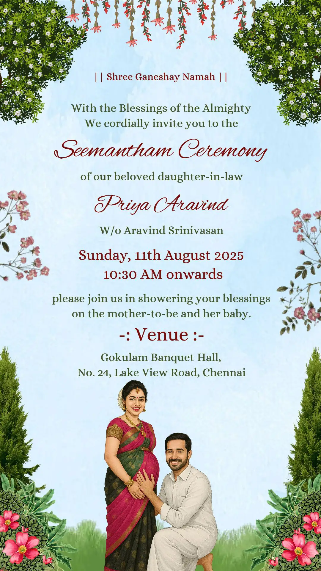 seemantham-ceremony-invitation-card-english-floral-design Seemantham ceremony invitation floral South Indian baby shower card