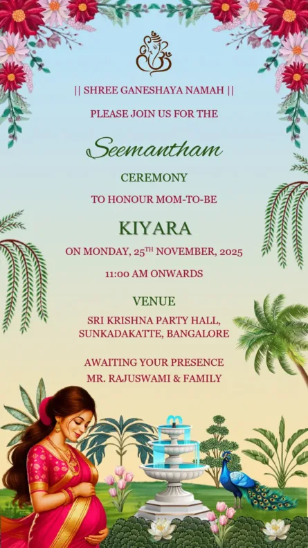 floral seemantham invitation garden theme south indian baby shower card