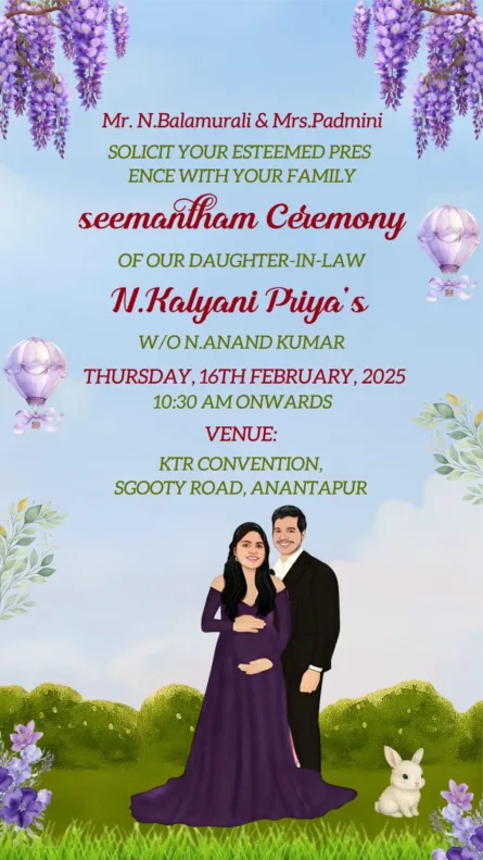 purple seemantham invitation floral baby shower couple theme card