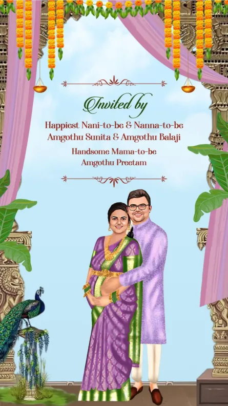 traditional seemantham invitation temple theme south indian baby shower card