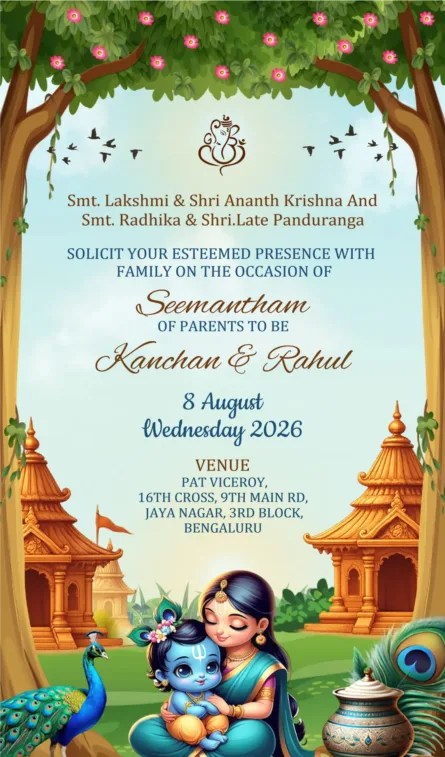 krishna seemantham invitation with baby krishna temple theme baby shower card