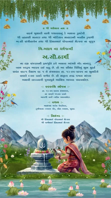 Shivling nature Seemant invitation with Himalayan background Gujarati baby shower card