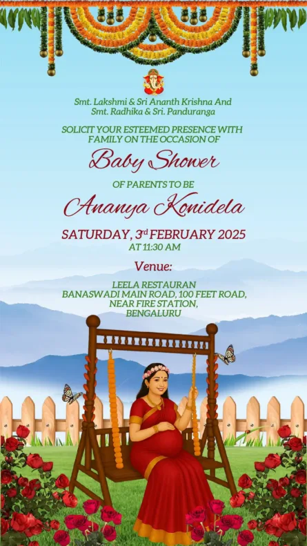 Traditional baby shower invitation with floral swing and Indian cultural theme design