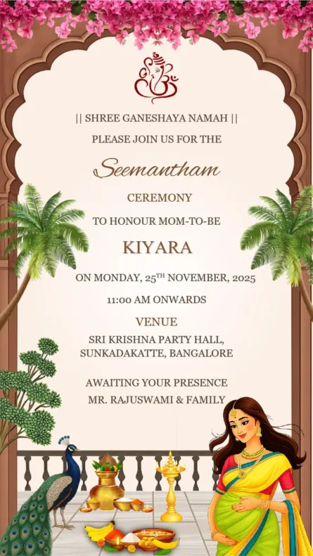traditional seemantham invitation floral arch temple theme baby shower card
