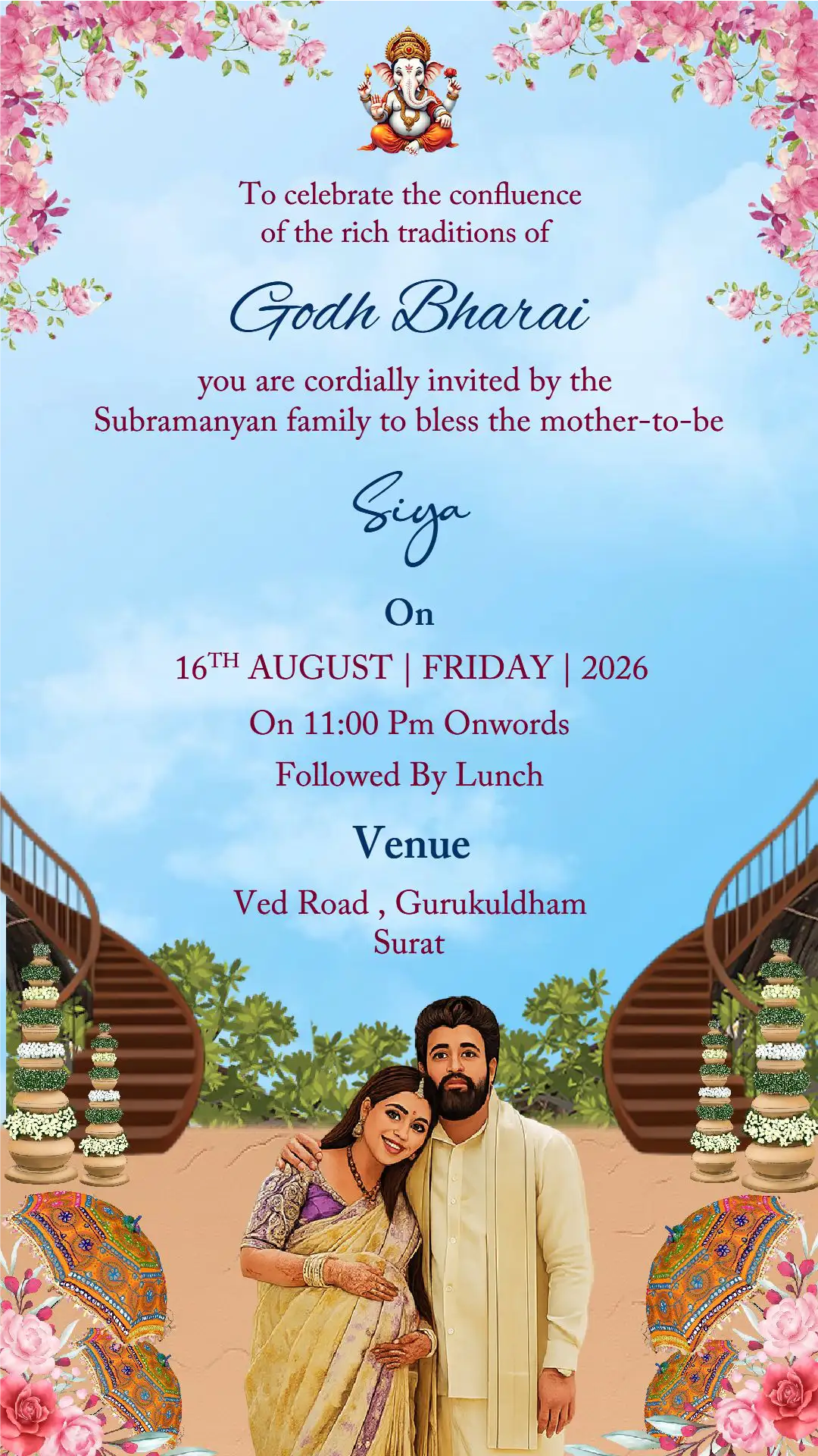Godh Bharai baby shower digital invitation card with floral arch theme