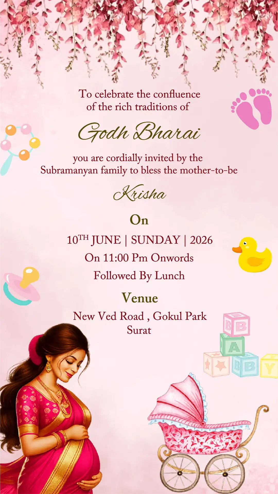 Godh Bharai baby shower digital invitation card with pink floral theme
