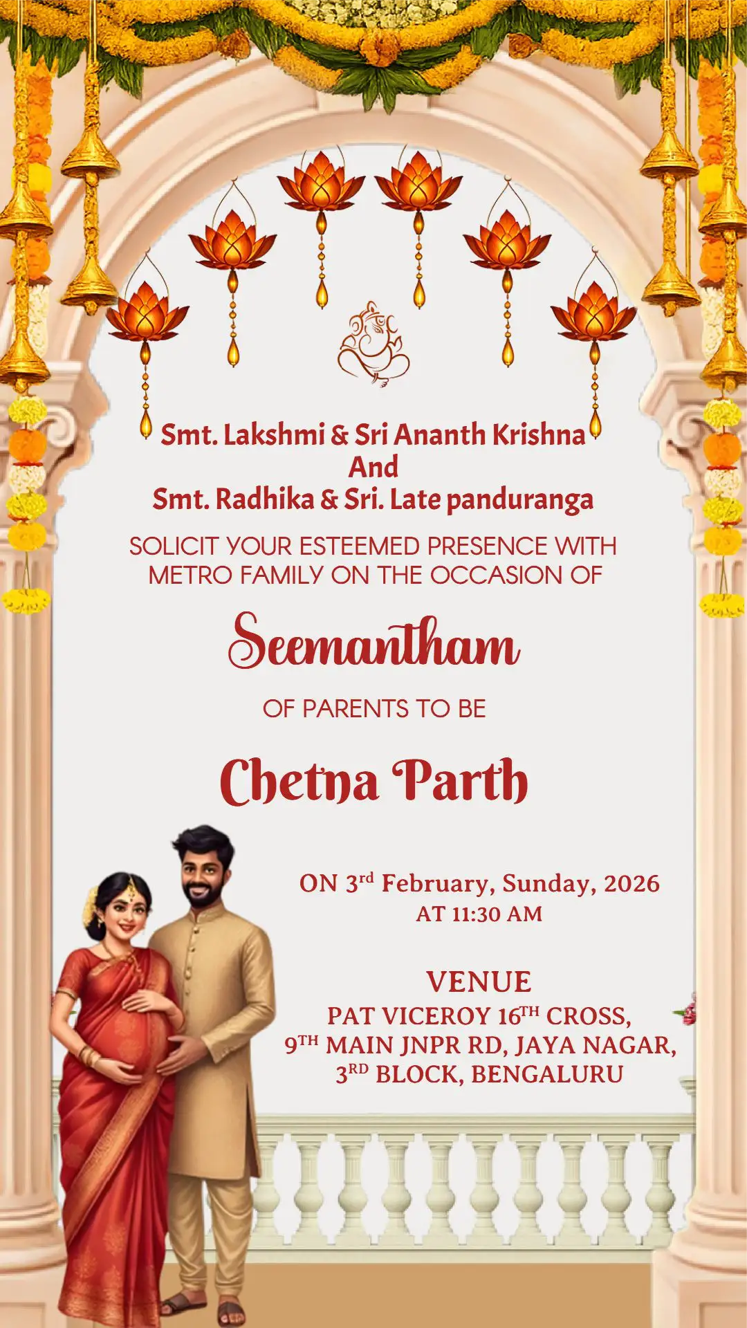 Seemantham ceremony invitation card with traditional Indian arch design and parents to be illustration