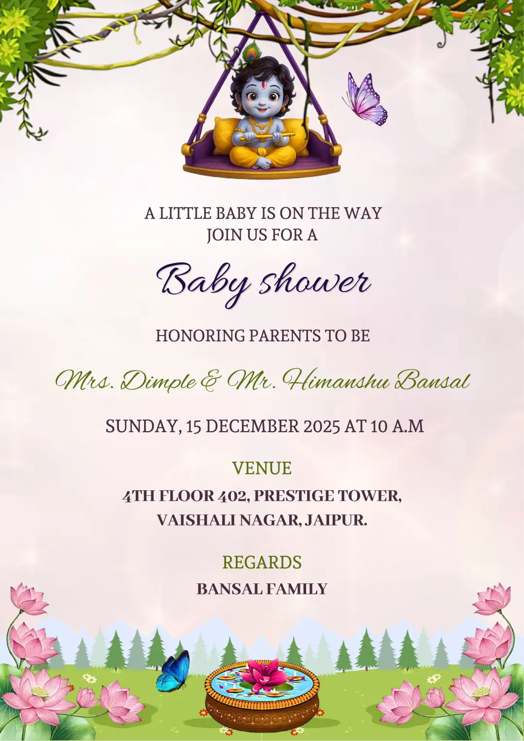 krishna-baby-shower-invitation-card seemantham ceremony invitation card with traditional Indian baby shower design for parents to be