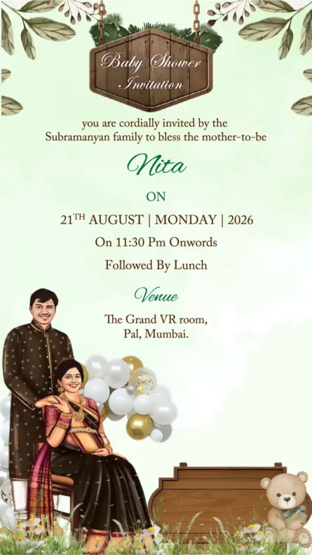 Modern baby shower digital invitation card with couple illustration