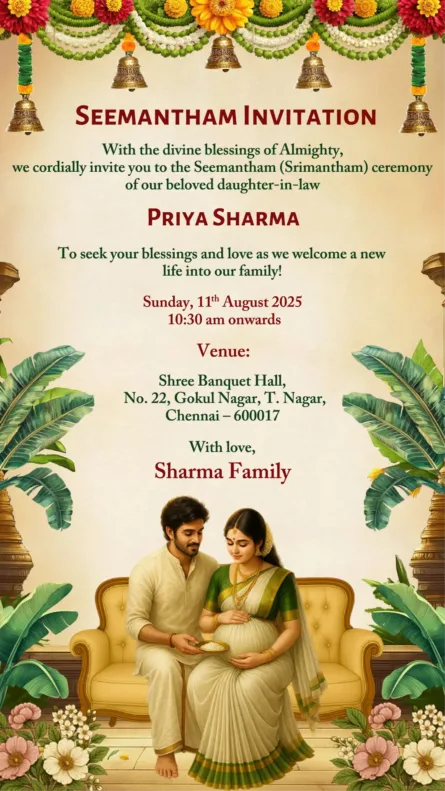 seemantham invitation card with traditional Indian ceremony design