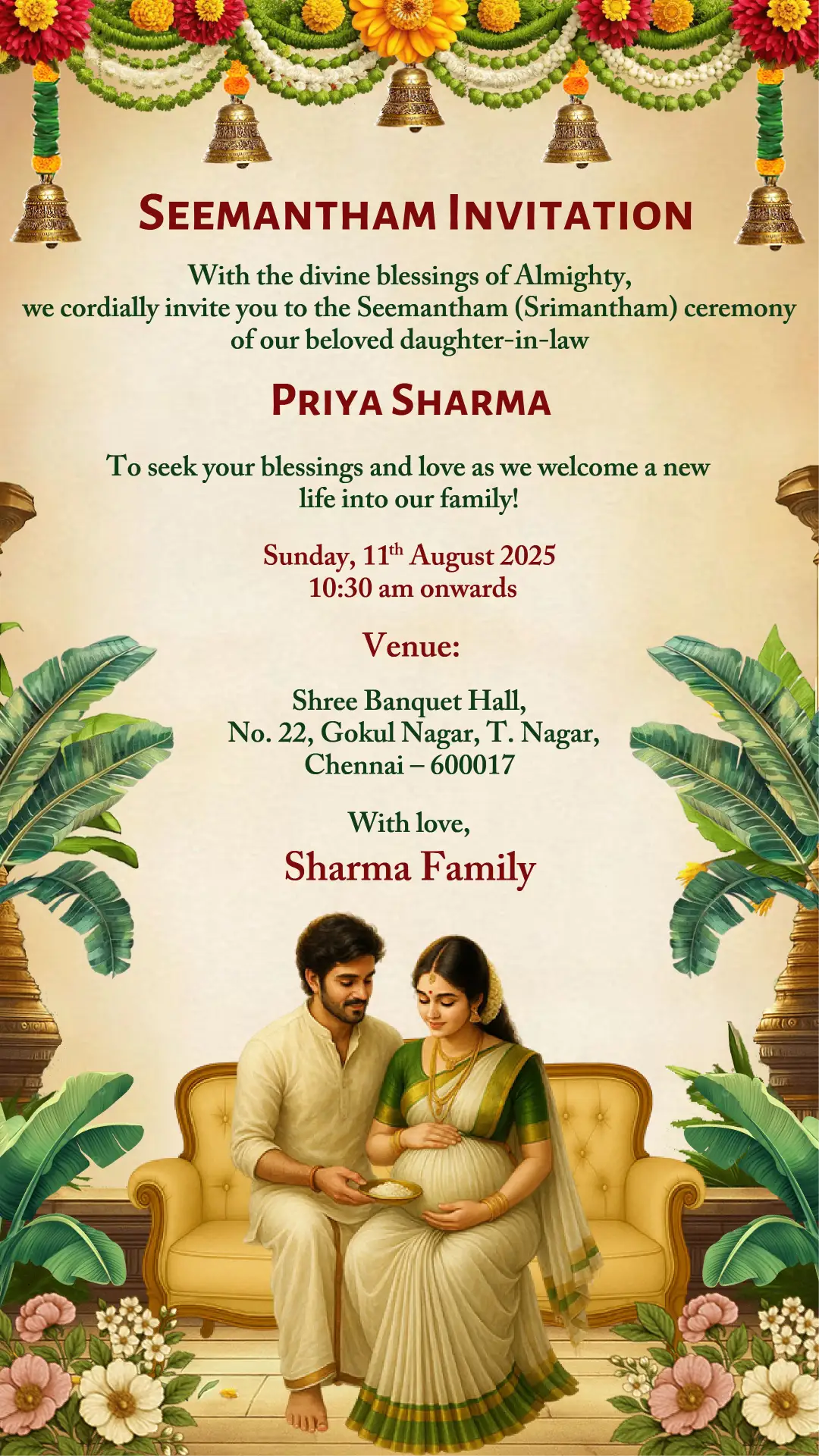 traditional-seemantham-invitation seemantham invitation card with traditional Indian ceremony design