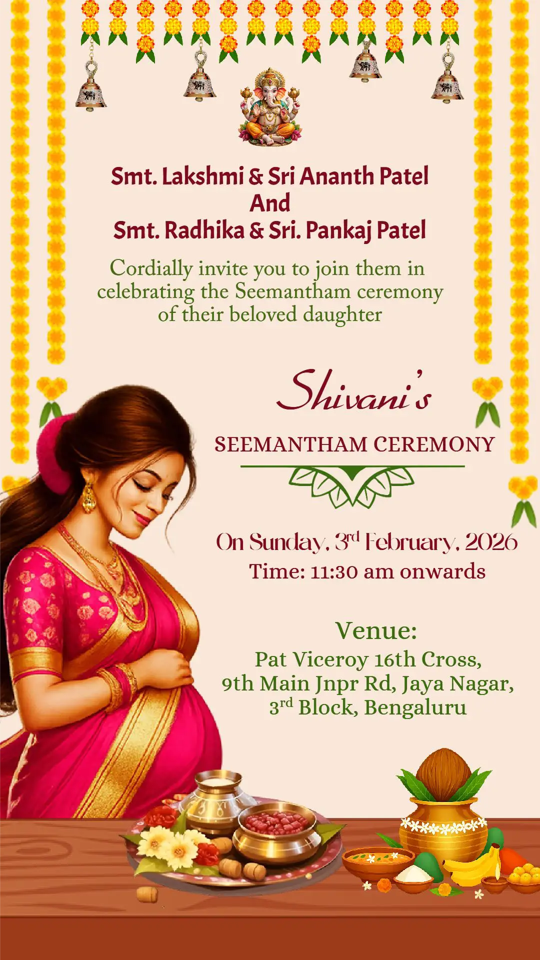 Traditional seemantham invitation card with pregnant woman illustration and Indian ceremony decor